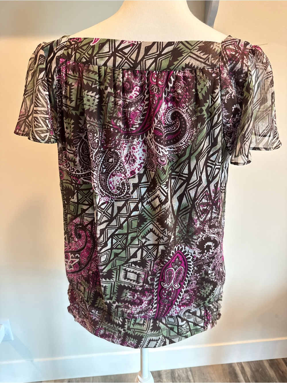 dressbarn Olive and Magenta Short-Sleeve Printed Peasant Blouse - Picture 5 of 6